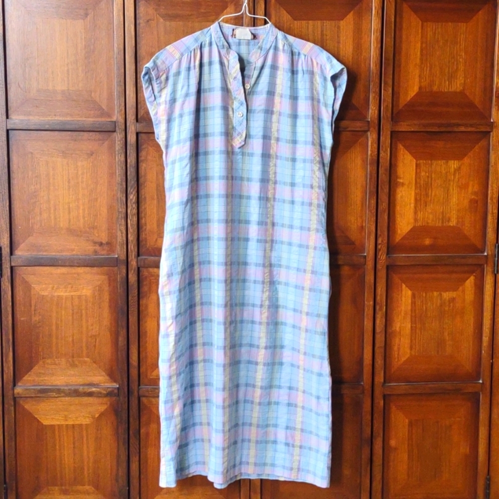 Vintage 80s new wave pastel plaid cotton poly shirt dress